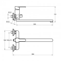 Смеситель ванна MELODIA Metallica картридж 35мм длинный излив 350мм хром